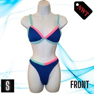 Small NWT Navy, Pink, Teal Two Piece Swimsuit | 2 Piece Bikini | Bathing suit